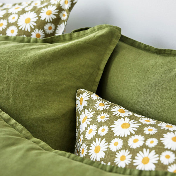 Pure Linen Daisy Pillowcase Pair - Dark Green