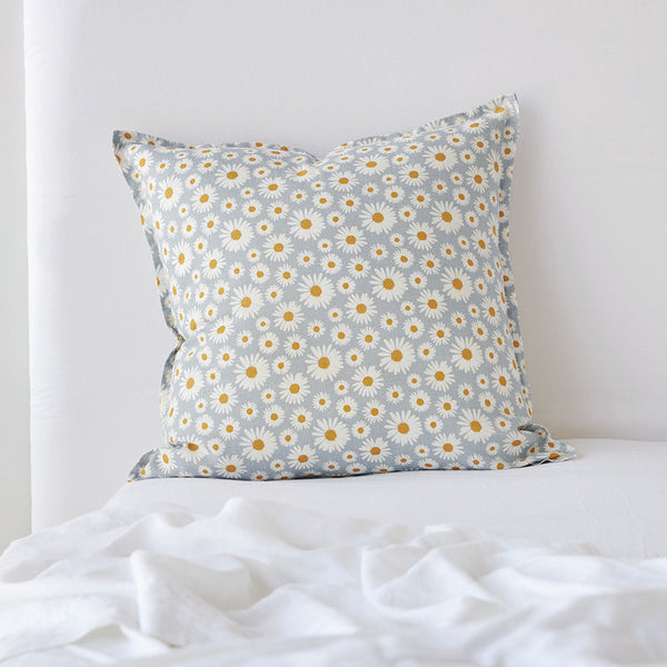 Pure Linen Daisy Printed Euro Pillowcase - Sky