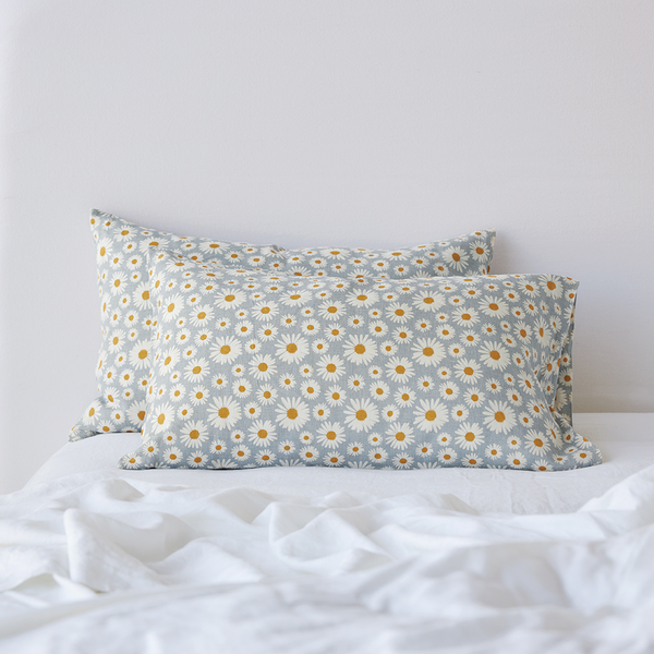 Pure Linen Daisy Printed Pillowcase Pair - Sky