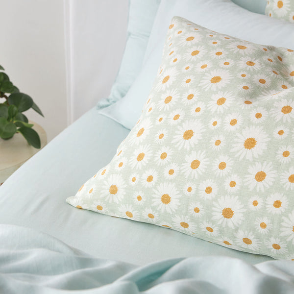 Pure Linen Daisy Pillowcase Pair - Sage